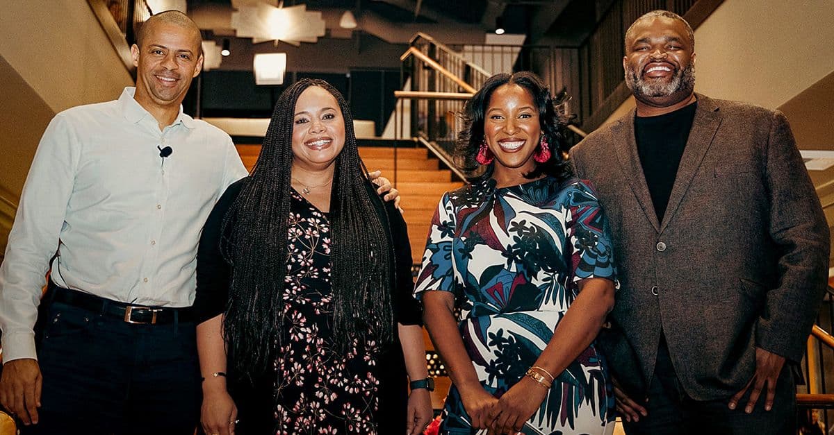 F5 CEO François Locoh-Donou (left) joins Langley-Robinson (left middle), Mosby (right), and People Magazine’s Janine Rubenstein (right middle) after talking about his career as a Black professional at Black Tech Night. F5 CEO François Locoh-Donou (left) joins Langley-Robinson (left middle), Mosby (right)