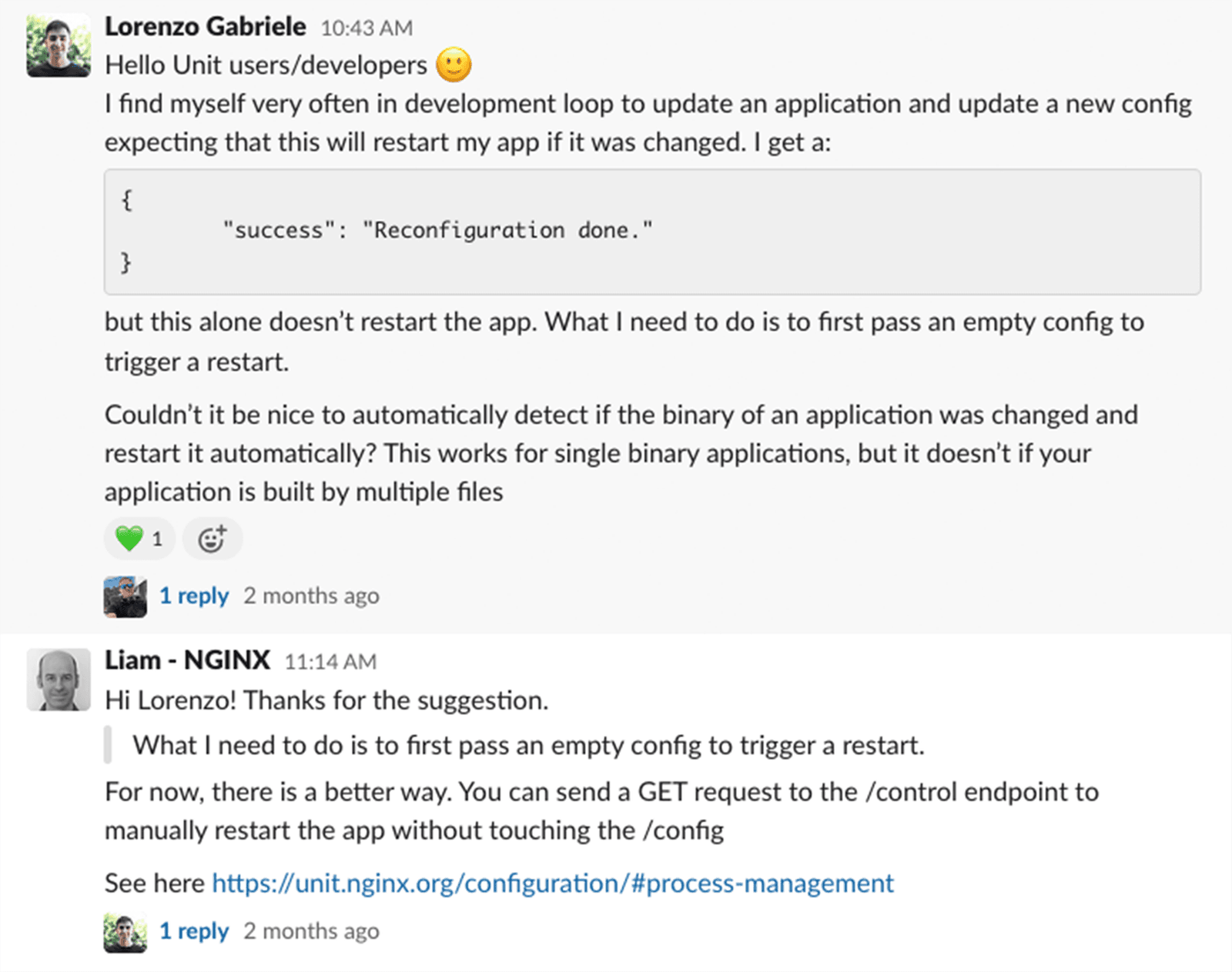 Thread on NGINX Community Slack #nginx-unit channel about restarting an app to use a new configuration